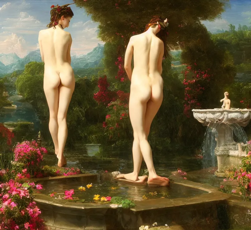 nude women in a colorful garden