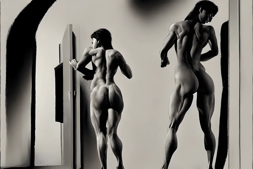 nude muscular woman near a doorway