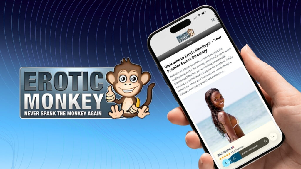 Erotic Monkey escort platform branding and a smartphone displaying the Erotic Monkey escort directory website.