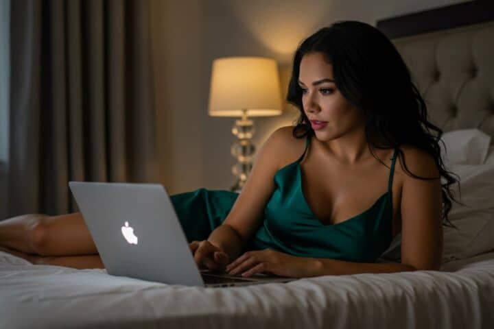Woman sitting on bed looking at a laptop