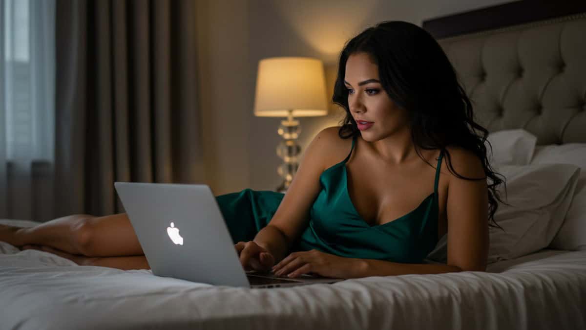Woman sitting on bed looking at a laptop