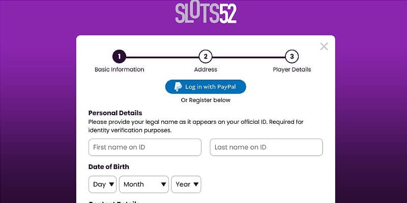 Signup page of Slots52 Casino